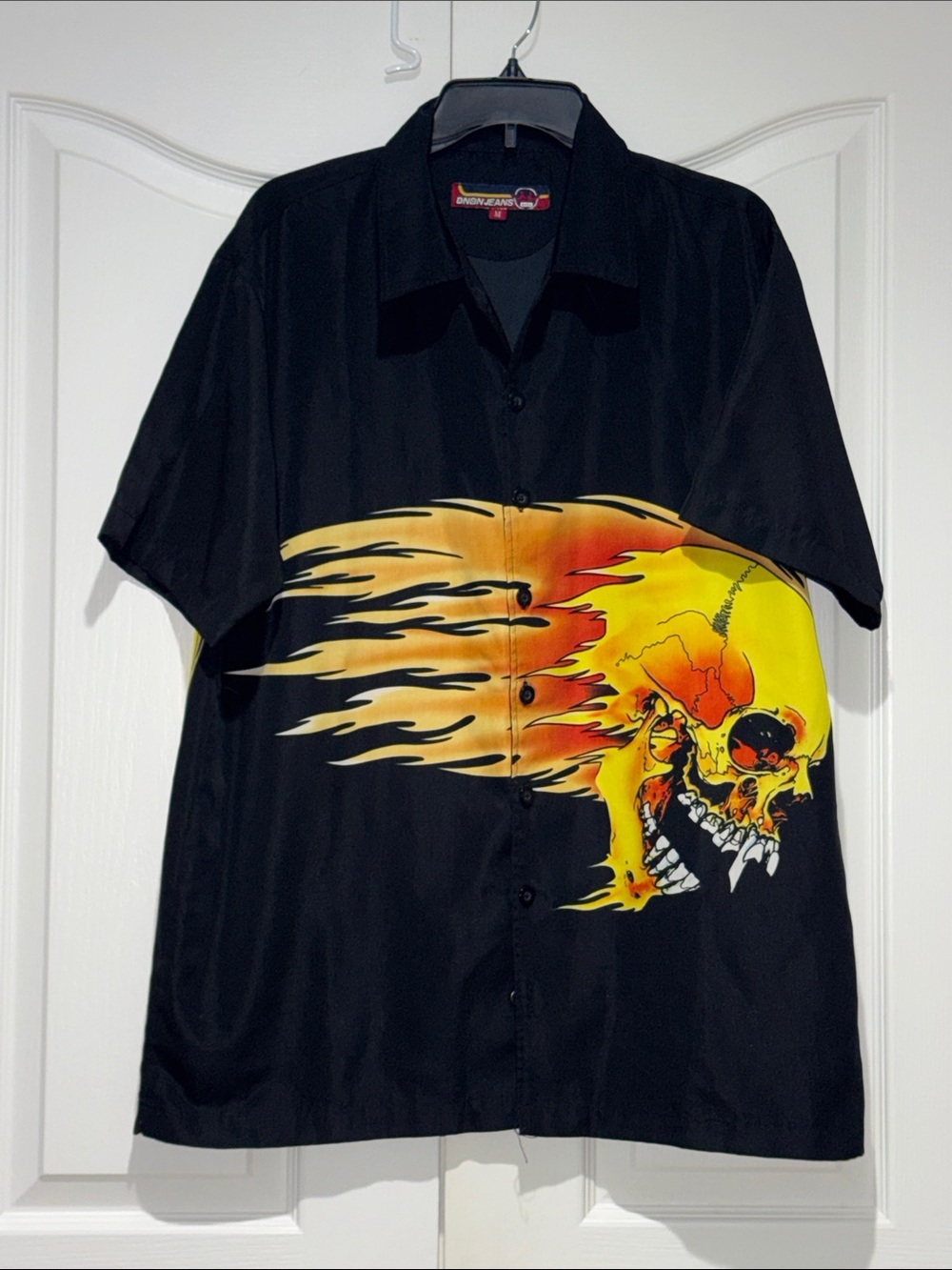 Vintage Dnon Jeans Fire Skull Flame Button Up Shirt Y2K Skater Mall Goth Medium